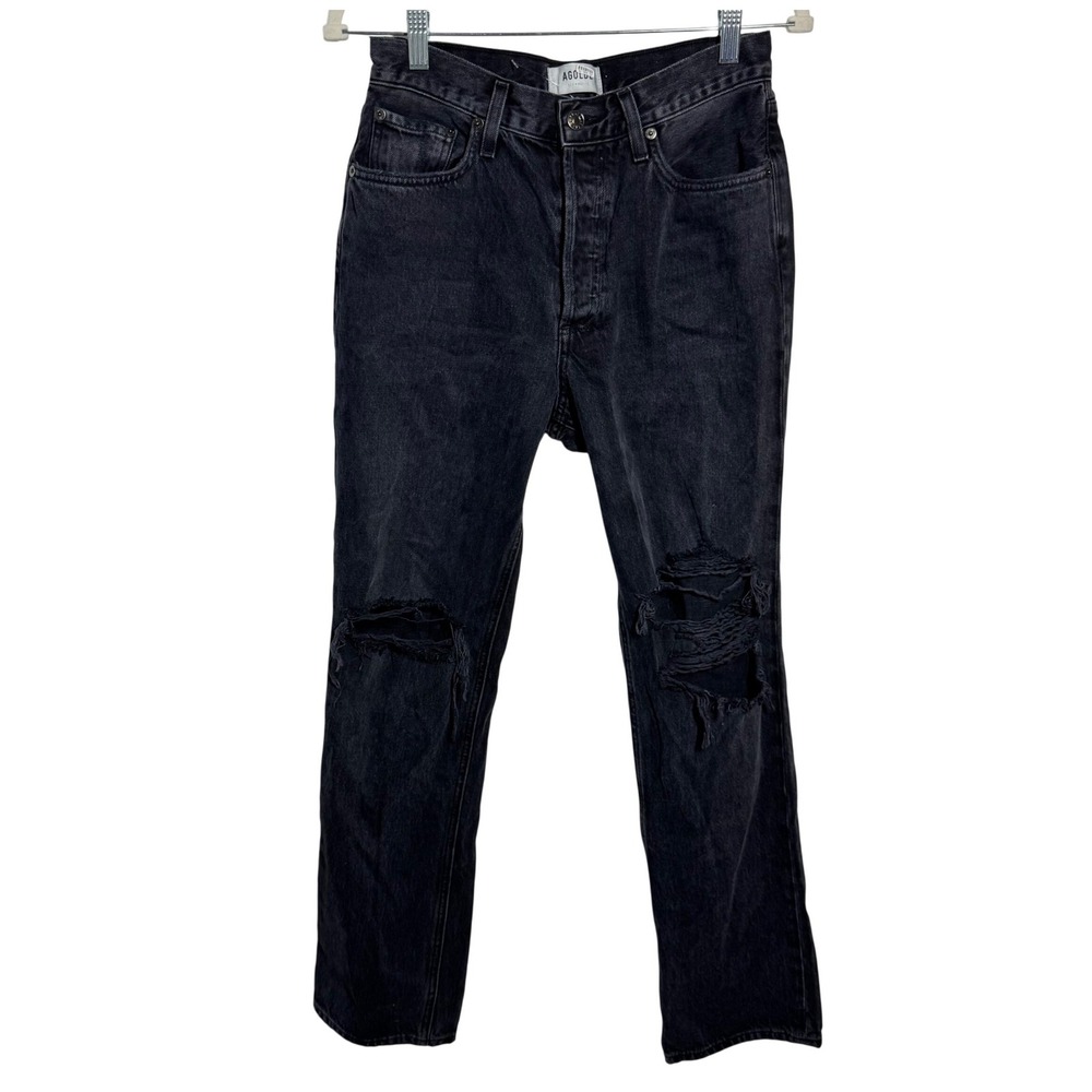 AGOLDE Lana Mid Rise Straight Leg Jeans Distressed Black Organic Cotton Size 26